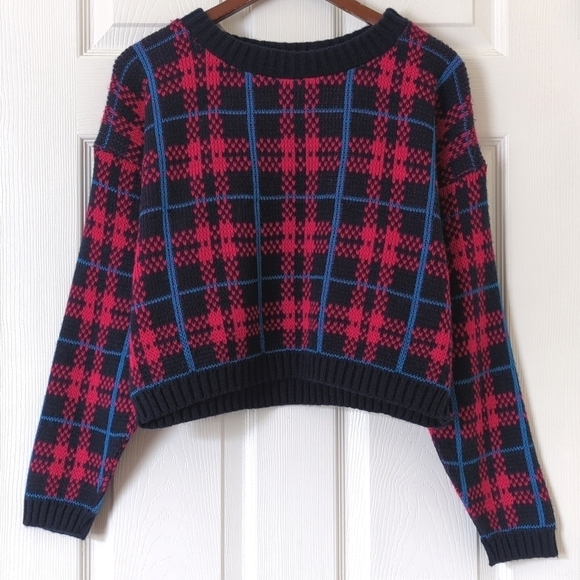 Players Sport 80's Vintage Plaid Knit Cropped Crewneck Sweater Navy Hot Pink L - Picture 1 of 10